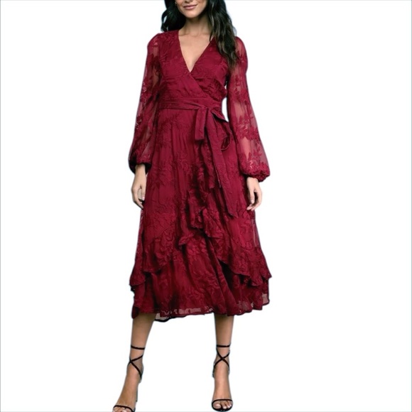 Lulus Dresses & Skirts - Lulu's Faux Wrap Midi Dress Large Burgundy Chiffon Embroidered Asymmetrical